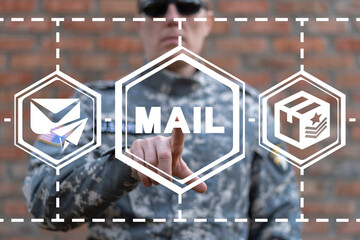 Military concept of mail. Postal parcels delivery army service. News from home.