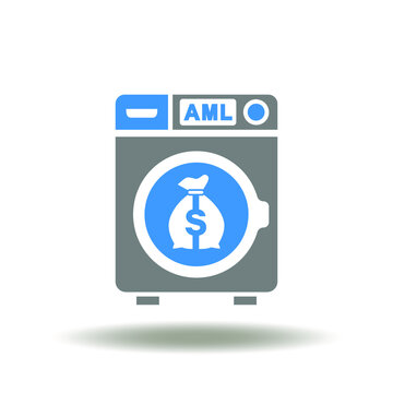 Vector illustration of washing machine with money bag. Icon of AML Anti Money Laundering. Symbol of stop bribery and corruption.