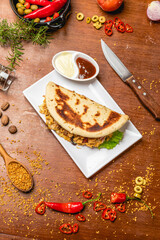 Delicious Pizza Classic Homemade Tomato Sauce Sausage Cheese Onion Meat Pasta Shrimp Restaurant Menu Gourmet on a wooden table