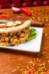 Delicious Pizza Classic Homemade Tomato Sauce Sausage Cheese Onion Meat Pasta Shrimp Restaurant Menu Gourmet on a wooden table