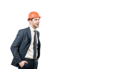 Always dedicated and devoted. Happy engineer isolated on white. Civil engineer wear hardhat