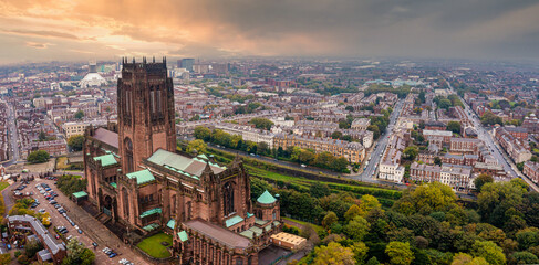 Aerial view of the Liverpool Cathedral or the Cathedral Church of the Risen Christ in Liverpool, UK