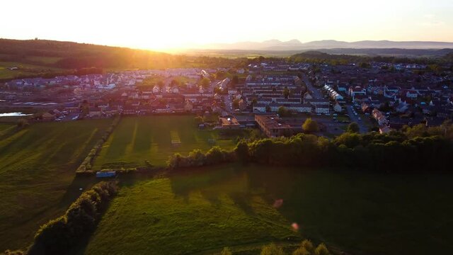 Aerial of Stirling suburb area near Robert Bruce Monument, UK,