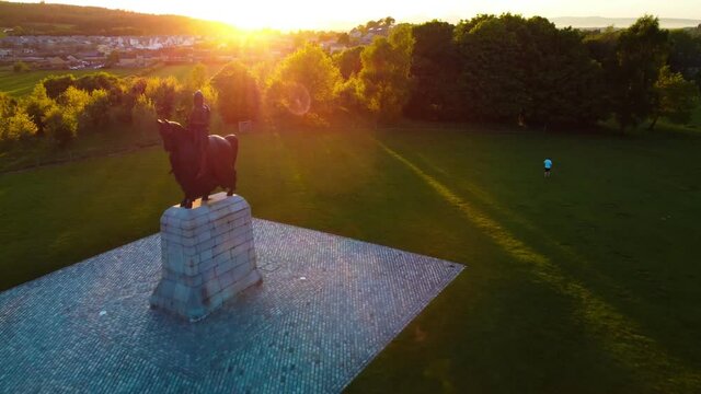 Aerial of Stirling suburb area near Robert Bruce Monument, UK,