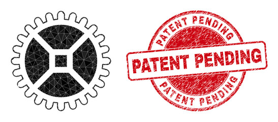 Obraz premium Low-Poly polygonal clock gear 2d illustration, and Patent Pending unclean stamp seal. Red stamp includes Patent Pending title inside circle it. Clock gear icon filled with triangles.