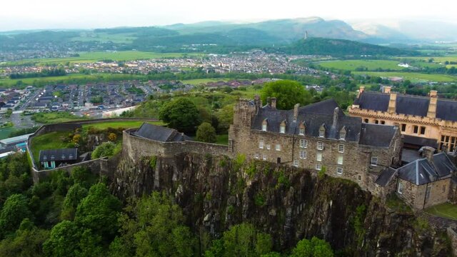 Dramatic drone aerial view of the Stirling Castle, Scottland