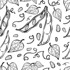Bean pods, bean leaves, vector pattern, seamless. Black and white illustration