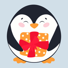 Vector drawing of a penguin in a flat style. Merry Christmas and Happy New Year. Children's illustration of a penguin with a gift. Cute little penguin isolated on a white background