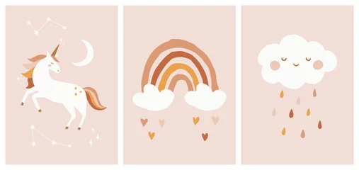 Muurstickers Scandinavian Style Kids Room Decoration. Cute Hand Drawn Unicorn, Rainbow and Cloud. Nursery Wall Art for Baby Boy And Baby Girl. Vector Illustration Set Ideal for Cards, Invitations, Posters. © Ewelina
