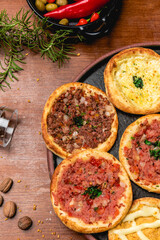 Delicious Pizza Classic Homemade Tomato Sauce Sausage Cheese Onion Meat Pasta Shrimp Restaurant Menu Gourmet on a wooden table
