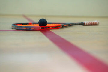 the squash racket and ball lie on the wooden floor between the lines dividing the squash zones