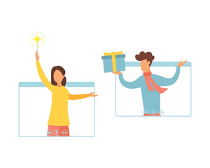 Internet party, meeting with friends. People celebrate Christmas and New Year together in quarantine. Vector illustration.