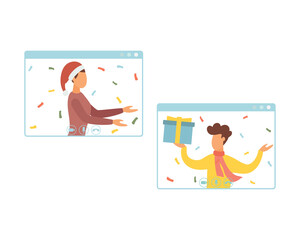 Internet party, meeting with friends. People celebrate Christmas and New Year together in quarantine. Vector illustration.