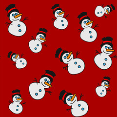 Endless pattern of cute snowmen on a red background