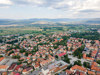 Fototapeta premium Aerial view of famous ski resort of Bansko, Bulgaria