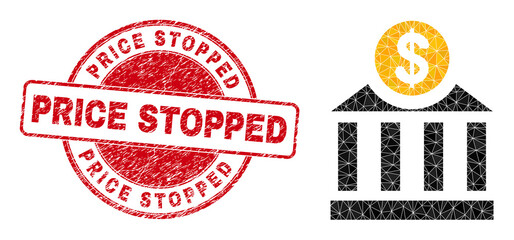 Low-Poly polygonal dollar bank icon illustration with PRICE STOPPED dirty seal print. Red stamp seal contains Price Stopped text inside round it. Dollar bank icon filled with triangles.