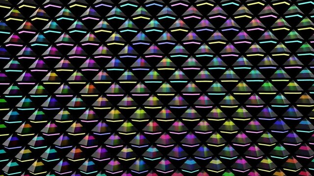 4k looped abstract background with neon lights running on pyramids. VJ loop backdrop festive show or holiday events, exhibitions, festivals or concerts, music videos, VJ loop for night clubs.