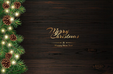 Obraz na płótnie Canvas Vector Christmas frame with tree branches on wood background and light garlands. Christmas decoration concept 