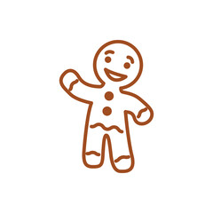 Logotipo de postre de Navidad. Icono silueta de hombre de pan de jengibre con líneas en color marrón