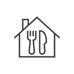 Comida para llevar. Logotipo con silueta de casa con tenedor y cuchillo con líneas en color gris