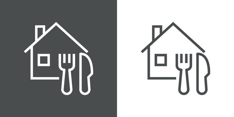 Comida para llevar. Logotipo con silueta de casa con tenedor y cuchillo con líneas en fondo gris y fondo blanco