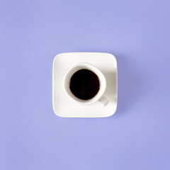 White cup of coffee isolated on a purple background. minimal style. Square composition.