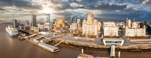 Beautiful panorama of Liverpool waterfront in the evening sunset. Liverpool aerial view.