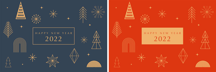 Simple Christmas background, elegant geometric minimalist style. Happy new year banner. Snowflakes, decorations and Xmas trees elements. Retro clean concept design