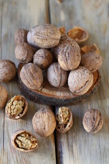 Selective focus. Walnuts on a wooden surface.