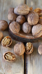 Selective focus. Walnuts on a wooden surface.