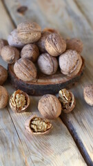 Selective focus. Walnuts on a wooden surface.