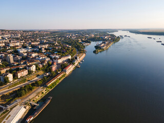 Obraz premium Aerial view of Danube River and City of Ruse, Bulgaria