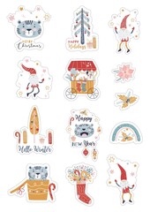 Set of cute Christmas stickers for tags and other designs. Hand drawn Christmas illustration. Christmas collection. Suitable for stickers, prints, greeting cards, sublimation, etc.