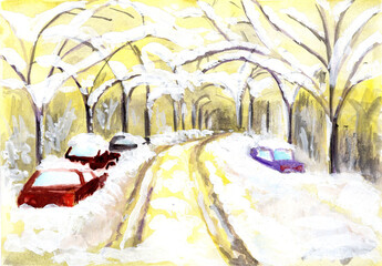 Snowy road and cars in the city