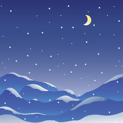 Navy blue Starry Night Sky or falling Snow and moon and mountains, beautiful Winter-time landscape background for your text or any Winter design. Vector illustration.