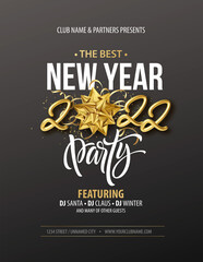 New Year party typography poster with 2022 gold realistic inscription, gift bow, golden tinsel and golden confetti on a black background. Vector illustration