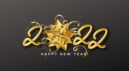 Fototapeta na wymiar New Year party typography poster with 2022 gold realistic inscription, gift bow, golden tinsel and golden confetti on a black background. Vector illustration