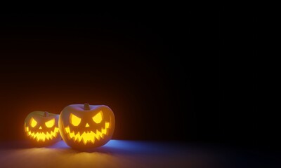 3D render illustration - two glowing halloween pumpkins on a dark background with copy space