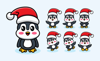 Cute Adorable Illustration - Set of Cute and adorable penguin with christmas hat cartoon art illustration design
