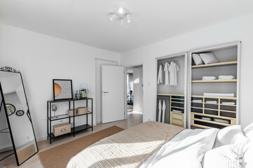 Luxury cozy bedroom with pillows and white wall. 3d render, 3d illustration