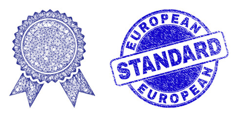 Hatched irregular mesh certificate seal icon, and European Standard dirty round stamp. Abstract lines form certificate seal picture. Blue stamp seal has European Standard tag inside round form.