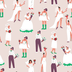 Fototapeta na wymiar Seamless pattern with brides. Women in white wedding dresses. Vector background.