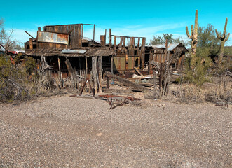 old west pioneer days homestead falling down and derelict town building