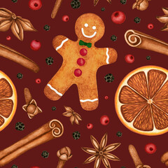 Watercolor Christmas Ginger Cookie and Hot Mulled Wine Spices seamless pattern. Holiday Gingerbread Man, orange slice, clove, anise, cinnamon. Hand drawn background for print, textile, wrapping paper