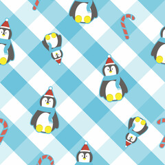 Fototapeta na wymiar cute penguin in blue and white check pattern for print or fabric