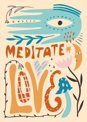 Meditate love collage text boho naive funky handdrawn letters style art