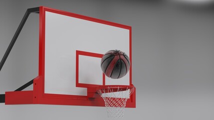 Scratched Metallic Black-Red Basketball and Basketball Goal Plate under spot lighting background. 3D CG. 3D sketch design and illustration. 3D high quality rendering.