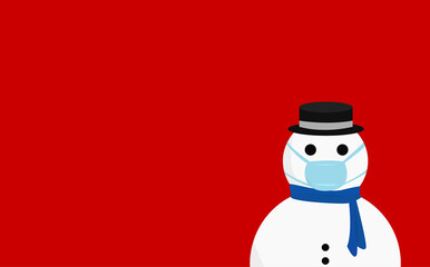 snowman in black hat and blue scarf with mask on red background