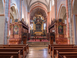 Saint Ursanne, Switzerland - October 19, 2021: Interior of collegiate church of Saint-Ursanne in a swiss canton Jura.