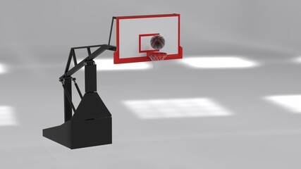 Scratched Metallic Black-Red Basketball and Basketball Goal Plate under spot lighting background. 3D CG. 3D sketch design and illustration. 3D high quality rendering.